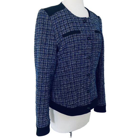 Tommy Hilfiger Blue Black Clueless Button Snap Front Tweed Suit Jacket Blazer 10 - Picture 10 of 11